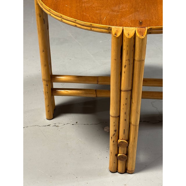 Mid-Century Modern Restored Vintage Rattan Vertically Stacked Circular Drink Side Table With Mahogany Top For Sale - Image 3 of 9