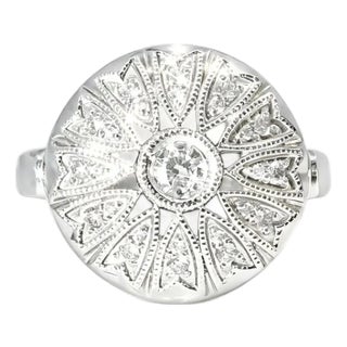 14K White Gold Antique Estate Round Diamond Cocktail Ring, Size 6.25 For Sale