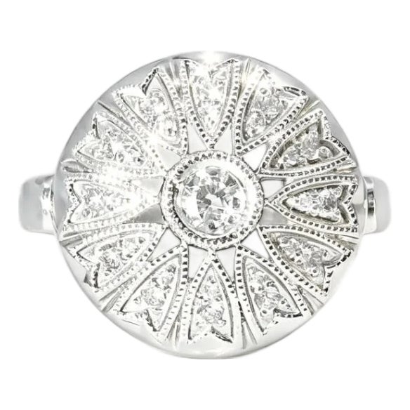 14K White Gold Antique Estate Round Diamond Cocktail Ring, Size 6.25 For Sale
