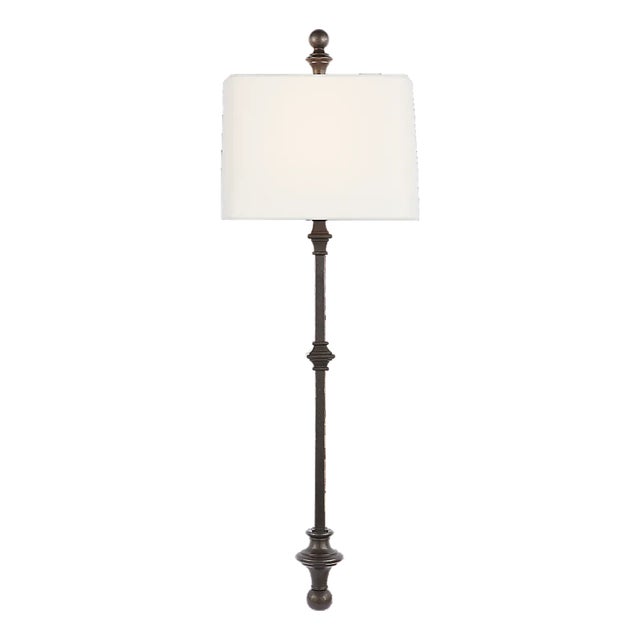 Chapman & Myers for Visual Comfort Signature Cawdor Stanchion Wall Light in Aged Iron with Linen Shade For Sale