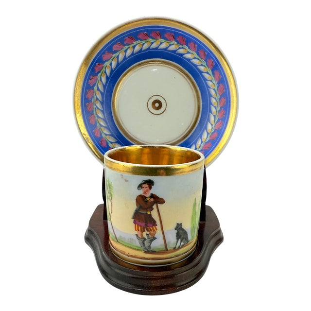 19th Century, Old Paris Neoclassical Cup & Saucer Set Young Man W/ Dog For Sale