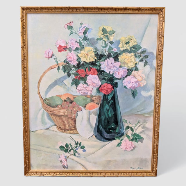Shabby Chic Vintage Still Life Botanical Floral Bouquet Framed Art Signed For Sale - Image 3 of 9