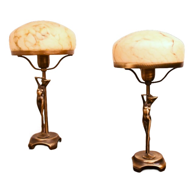 Vintage Swedish Art Nouveau Style Table Lamps in Bronze and Blown Glass by Ateljé Lyktan, 1980s, Set of 2 For Sale