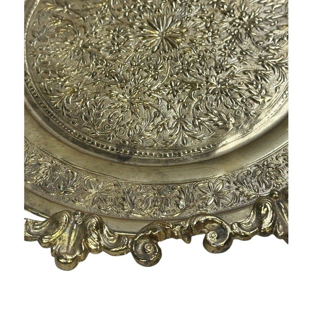 Gold Vintage Ornate Brass Footed Gallery Tray Rococo Floral Scrollwork 11.5" For Sale - Image 8 of 9