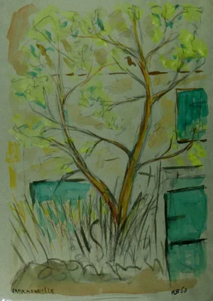 Rb, Watercolor Landscape - Lone Tree in Front of House