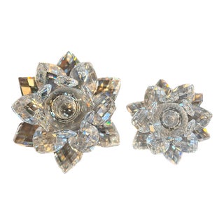 Swarovski Crystal Water Lily Lotus Flower Candle Holders (Set of 2, One Large, One Small) For Sale
