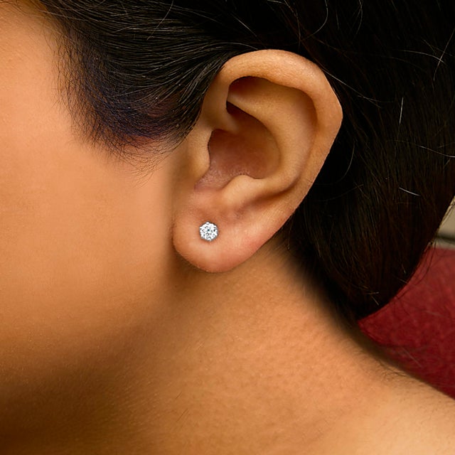 14K White Gold 1/2 Cttw Lab-Grown Diamond 6 Prong Hidden Halo Stud Earrings (F-G Color, VS1-VS2 Clarity) For Sale - Image 4 of 5