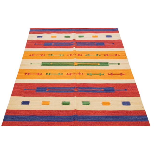 Modern 2020s Modern Kilim Handmade Multicolor Geometric Wool Rug For Sale - Image 3 of 7