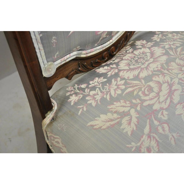 Early 20th Century Victorian Floral Scrollwork Carved Mahogany Parlor Slipper Side Chairs - A Pair For Sale - Image 9 of 11