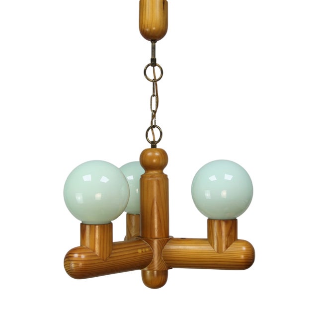 Vintage Ceiling Lamp in Wood and Green Glass, 1970s For Sale