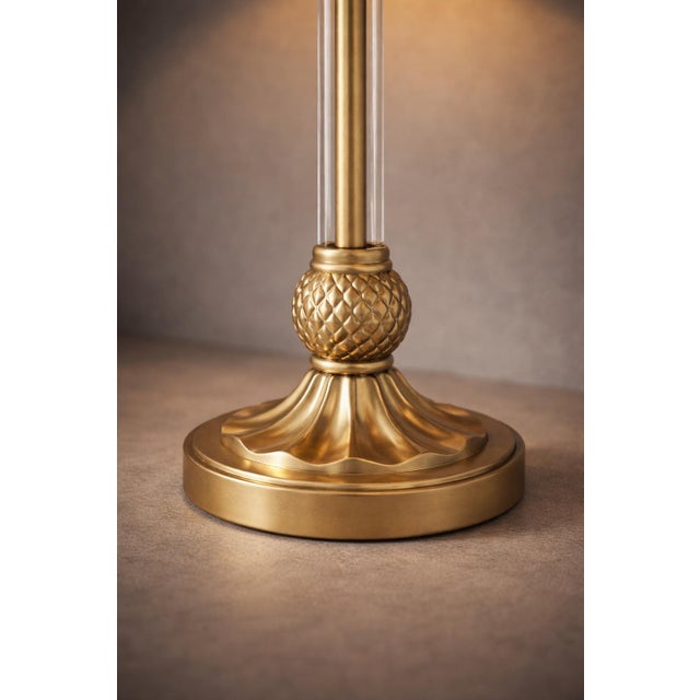 Hollywood Regency Late 20th Century Tall Hollywood Regency Sunlit Brass & Glass Column Table Lamp With Pineapple Motif and Linen Drum Shade – 32” H For Sale - Image 3 of 8