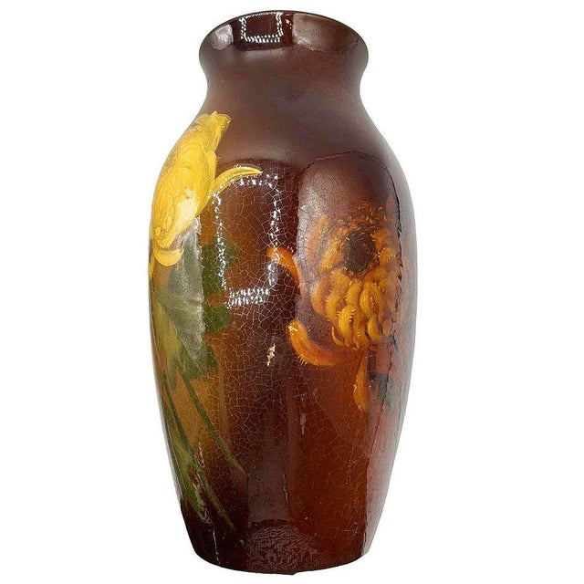 Art Nouveau Rockwood Style Earthernware Hand Painted Pottery Vase W/ Chrysanthemums, C 1900 For Sale - Image 3 of 10
