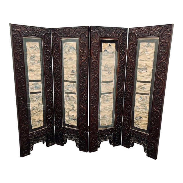 Antique Chinese Carved Rosewood Folding Screen With Hand-Embroidered Silk Landscape Panels, Late Qing / Early Republic For Sale