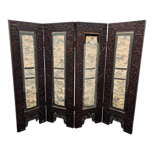 Antique Chinese Carved Rosewood Folding Screen With Hand-Embroidered Silk Landscape Panels, Late Qing / Early Republic