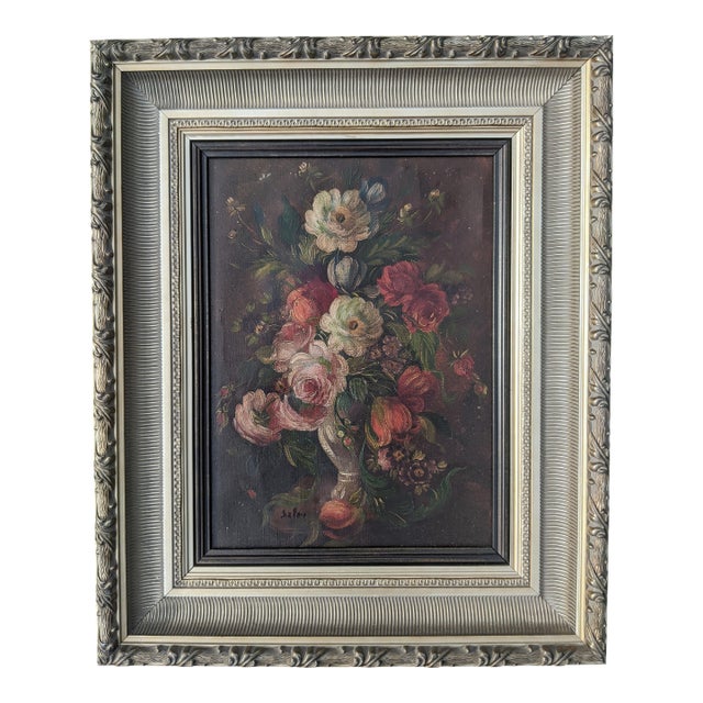 Antique Still Life Dark Academia Botanical Oil Painting Signed For Sale