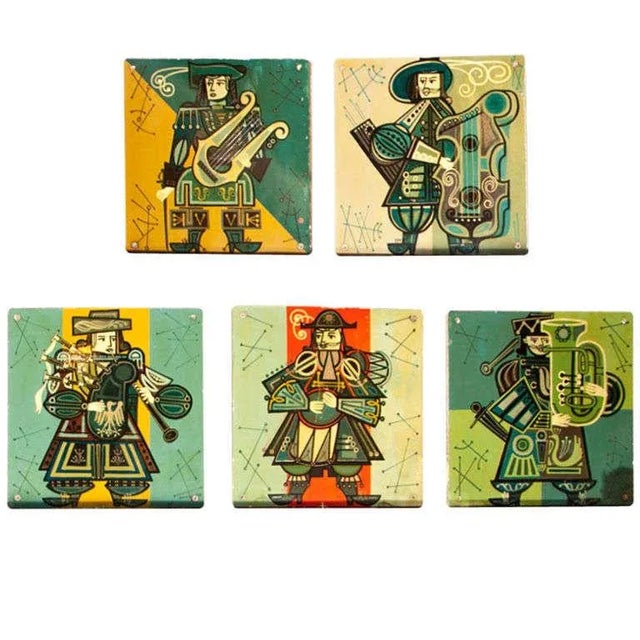Green 1960s Vintage French Musicians Panels- Set of 5 For Sale - Image 8 of 8