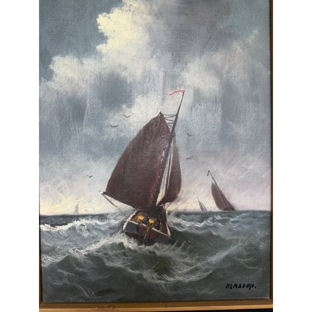 Blue Vintage Signed Oil Painting Stormy Sea Fishing Boats Maritime Seascape Framed For Sale - Image 8 of 10