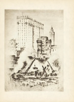 "The Birth of a Skyscraper" (One Park Avenue) 1939 New York Etching by Anton Schutz