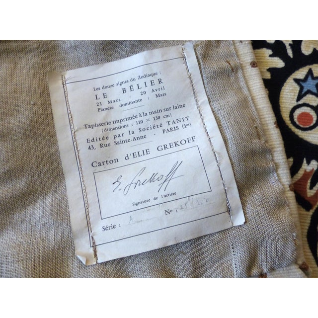 1970s Aries Zodiac Tapestry in Wool by Elie Grekoff for Tanit, Paris, France, 1970 For Sale - Image 5 of 7