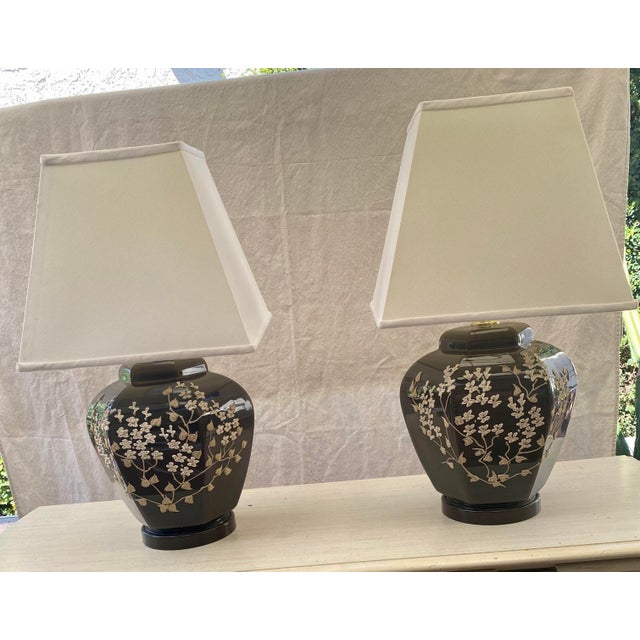 Cocoa Ginger Jar Lamps With Raised Floral Relief and Shades - a Pair For Sale - Image 11 of 13