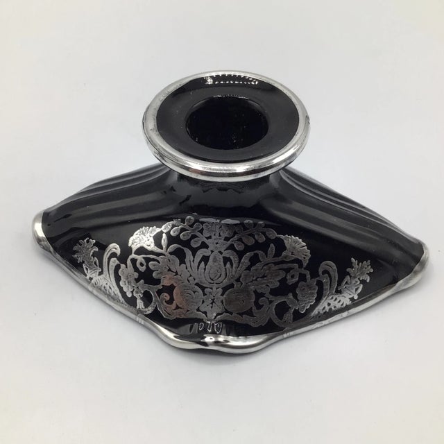 Black Early 20th Century Rockwell Floral Sterling Silver Black Amethyst Footed Glass Bowl and Pair of Candle Holders-Set of 3 For Sale - Image 8 of 13