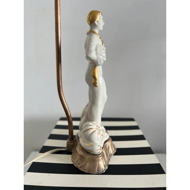 1930s Revival Style White & Gold Porcelain Male Figural Table Lamp For Sale - Image 9 of 10