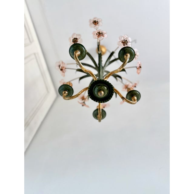 Italian Pink Glass Floral Chandelier with Gilt Tole Leaves from Banci Firenze, 1970s For Sale - Image 9 of 16