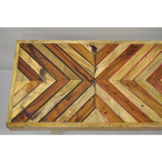 Brown Modern Slatted Wood 48" Geometric Inlay Rustic Farmhouse Coffee Table Bench For Sale - Image 8 of 11