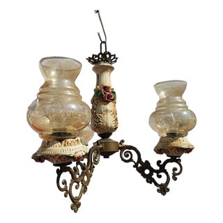 Vintage Glass and Metal Chandelier with Ceramic For Sale