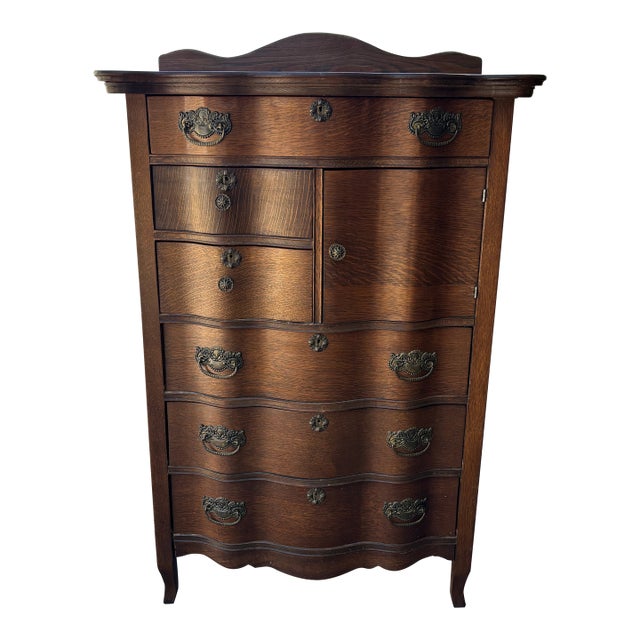 Antique Oak Highboy Dresser Featuring Distinctive Serpentine Bowed Drawers and a Small Upper Side Cabinet For Sale