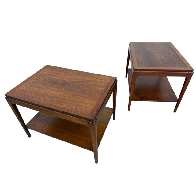 Elevate your space with this stunning pair of vintage Lane Rhythm walnut side tables, beautifully crafted in the iconic...
