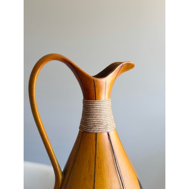 Vintage Midcentury African Bentwood Pitcher Vase With Sculptural Neck and Curving Handle, Teardrop Accents, Feather and Stone Tassel Detail For Sale - Image 4 of 12