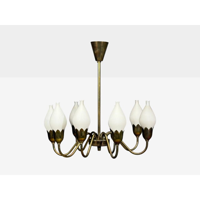 1950s 1950s Fog & Mørup, Tulip Chandelier, Opal Glass, Brass, Denmark, 1950s For Sale - Image 5 of 13