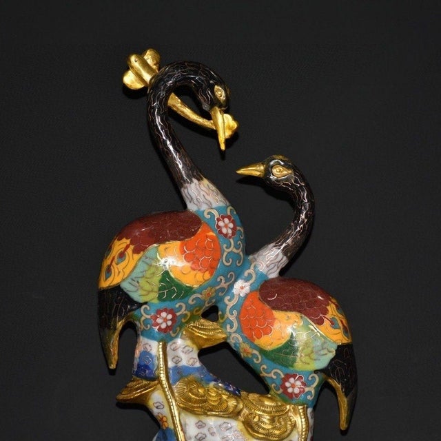 Metal Cloisonne Enamel Crane Sculpture – 15" Pair of Red-Crowned Cranes on Rock Base For Sale - Image 7 of 9