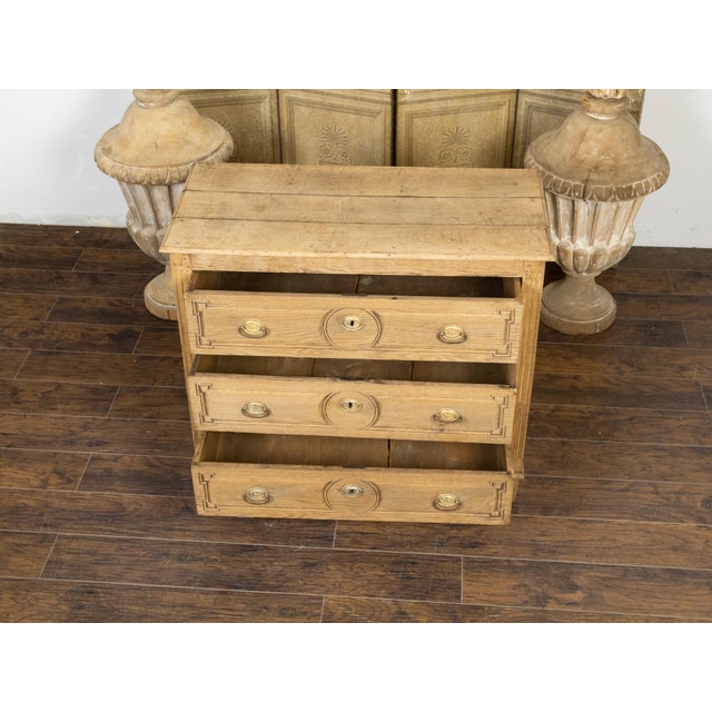 19th Century French Louis XVI Style Bleached Oak Three-Drawer Chest with Carved Panels For Sale - Image 11 of 12