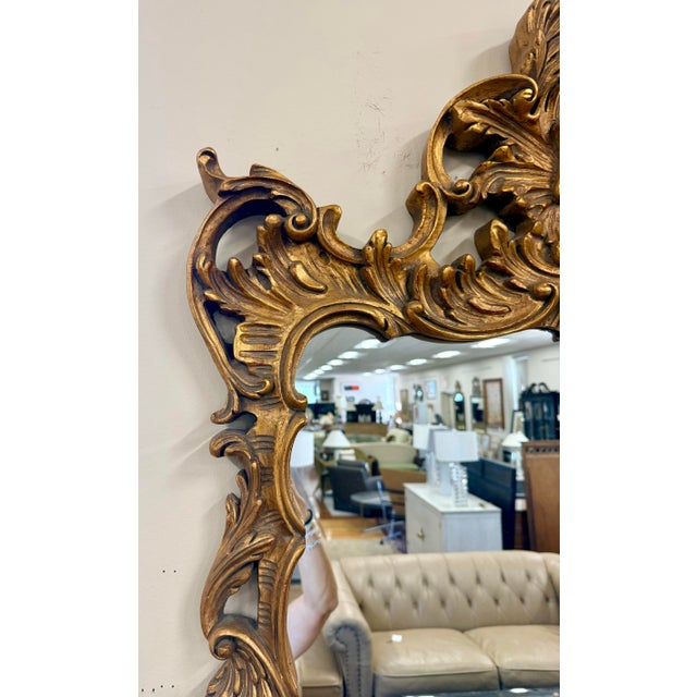 Late 20th Century Large Italian Rococo Giltwood Wall Mirror With Carved Foliate Frame For Sale - Image 5 of 6
