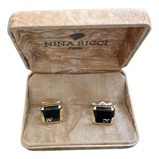 Rare Vintage Nina Ricci Gold & Black Cufflinks Logo Circa "1980" Original Case For Sale