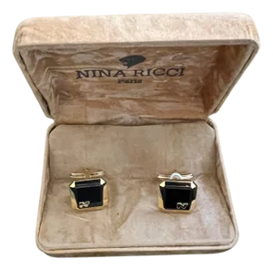 Rare Vintage Nina Ricci Gold & Black Cufflinks Logo Circa "1980" Original Case
