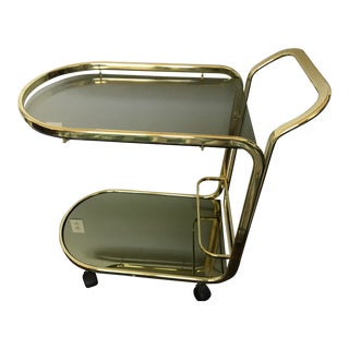 Vintage Brass Bar Cart With Gold Colored Glass For Sale