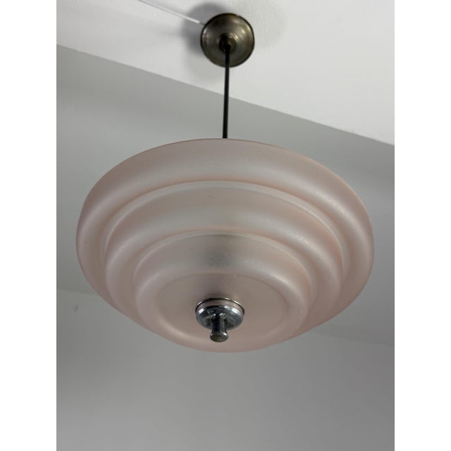 Art Deco 2-Light Pendant in Pink Glass and Chromed Metal, 1940s For Sale - Image 4 of 12