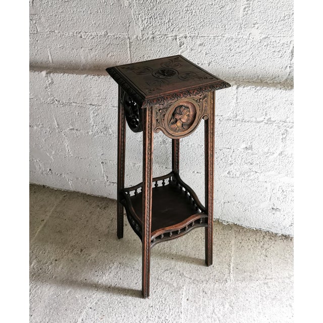 Antique Plant Stand with Carved Portraits in Oak, 1890s For Sale - Image 9 of 14