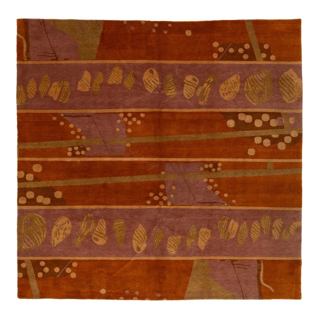 Artisan Hand-Knotted Tibetan Wool and Silk Rug in Terracotta Abstract Pattern For Sale