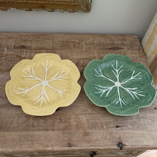 Yellow and Green Bordallo Pinheiro Ceramic Cabbage Plates a Pair