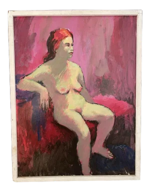 1970 Modernist Figurative Female Nude Acrylic Painting, Framed