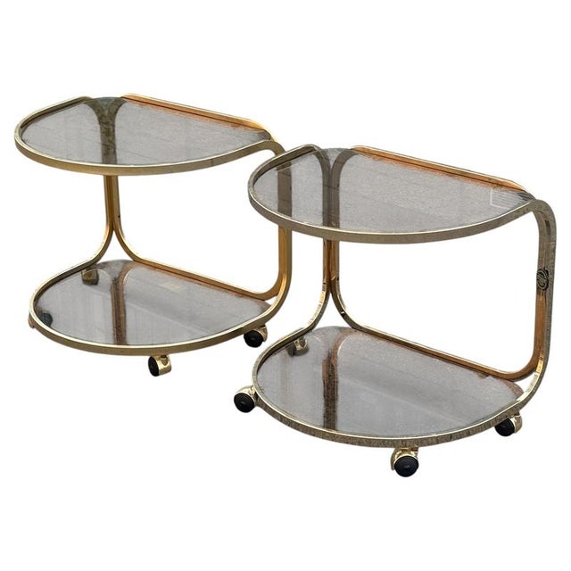 German Brass Rollable Nightstands with Toned Glass Shelves, 1970s, Set of 2 For Sale - Image 9 of 9