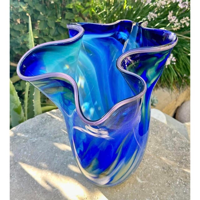 Large Blue Swirl Ruffled Handkerchief Art Glass Vase | Studio Glass Fazzoletto 15"h Artist Signed For Sale - Image 11 of 18