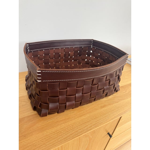 Brown Contemporary Arte & Cuoio “Intrecci” Woven Leather Storage Basket For Sale - Image 8 of 10