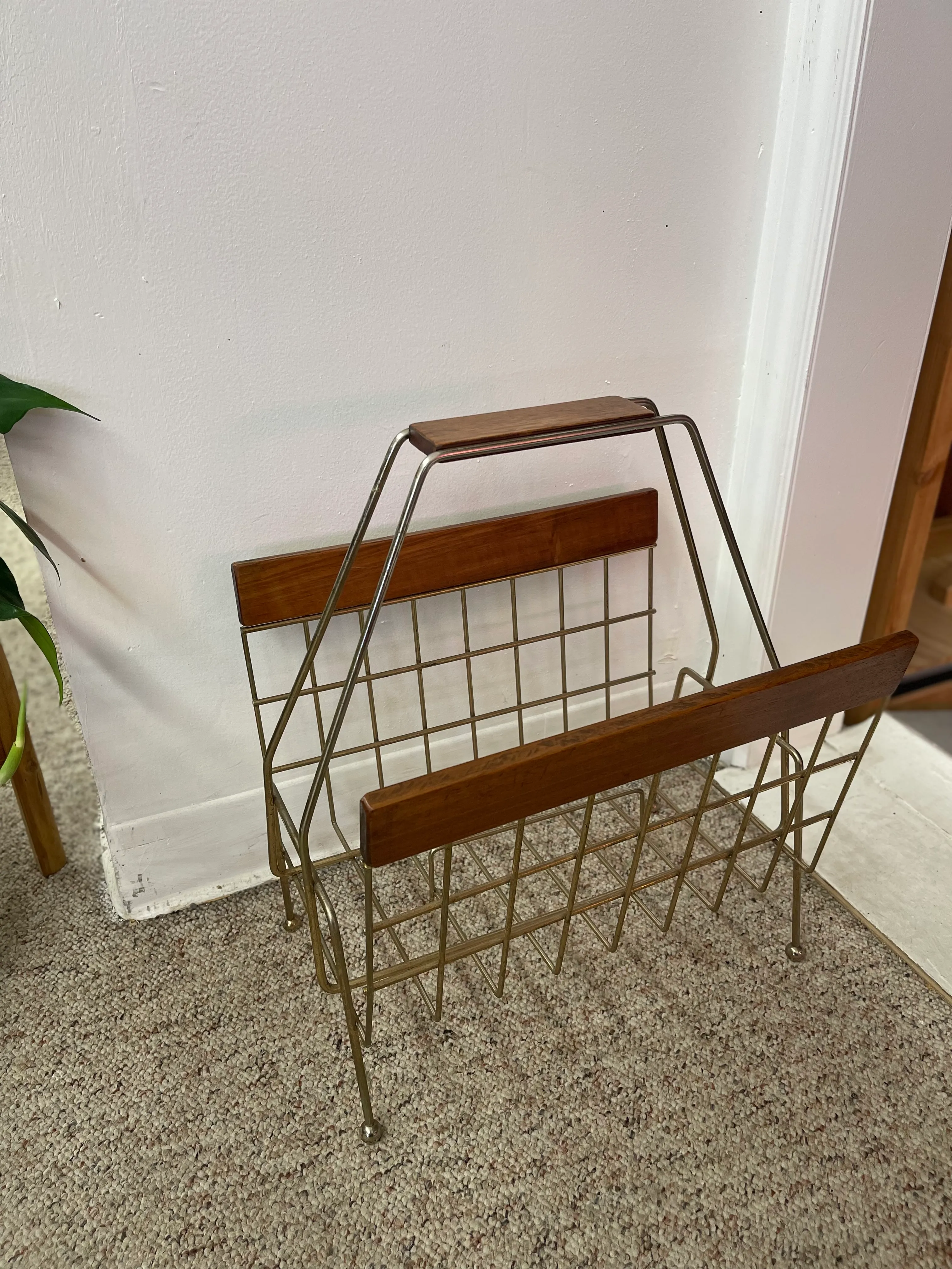 1960s Mid-Century Modern Brass Toned Wire and Wood Magazine Rack
