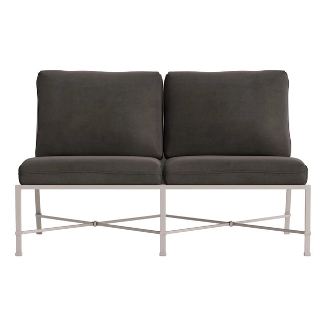 Brown Jordan Venetian Armless Loveseat, Dove frame with Fusion Charcoal fabric For Sale