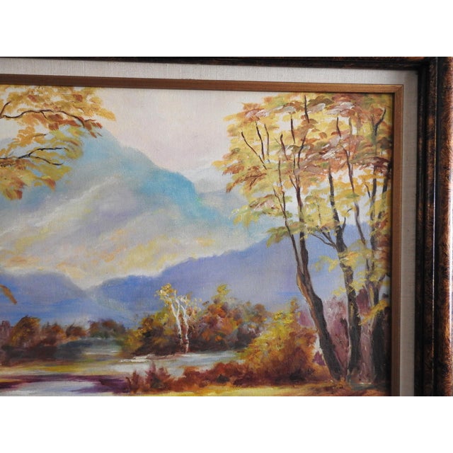 Late 20th-Century Idealization Landscape Autumn Birch River & Mountain Oil Painting – Signed Ayj For Sale - Image 9 of 9